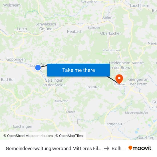 Gemeindeverwaltungsverband Mittleres Fils-Lautertal to Bolheim map