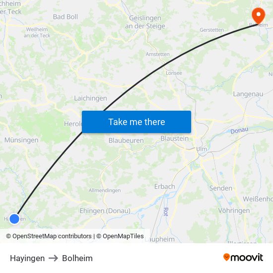 Hayingen to Bolheim map