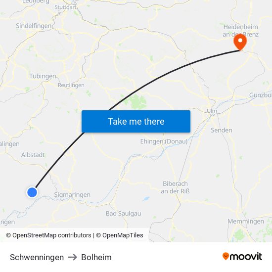 Schwenningen to Bolheim map