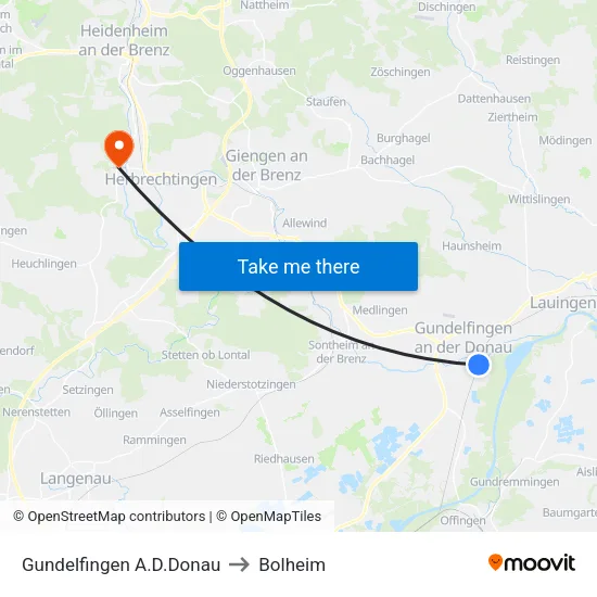 Gundelfingen A.D.Donau to Bolheim map