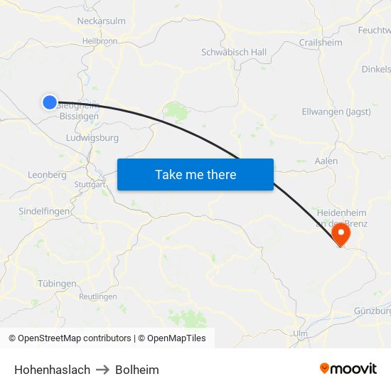 Hohenhaslach to Bolheim map