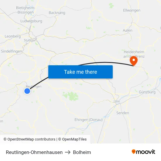 Reutlingen-Ohmenhausen to Bolheim map