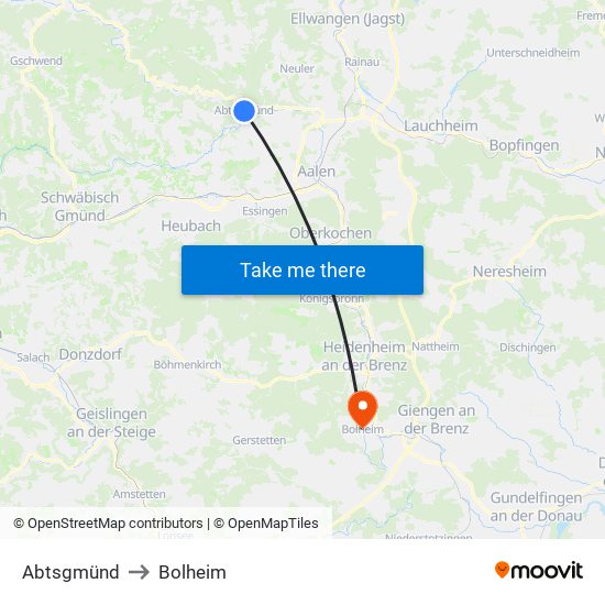 Abtsgmünd to Bolheim map