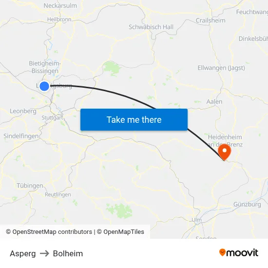 Asperg to Bolheim map