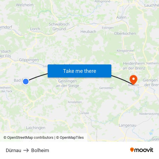 Dürnau to Bolheim map