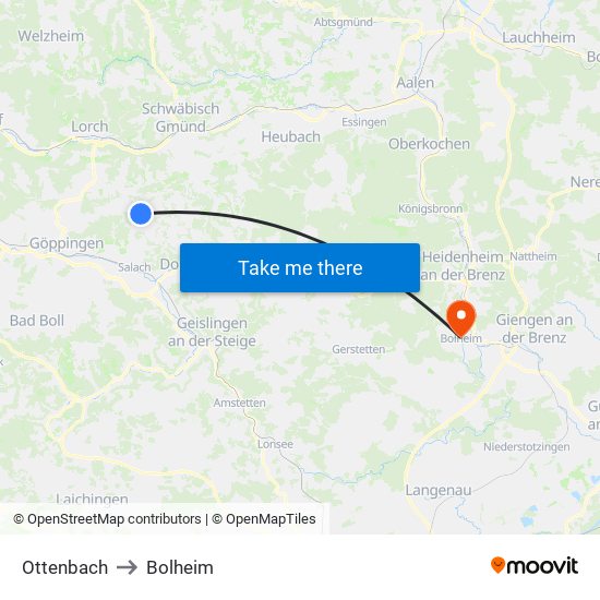 Ottenbach to Bolheim map