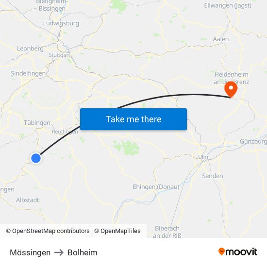Mössingen to Bolheim map