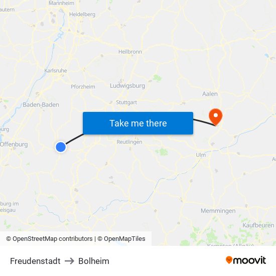 Freudenstadt to Bolheim map