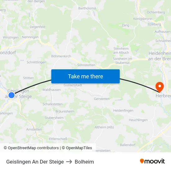 Geislingen An Der Steige to Bolheim map