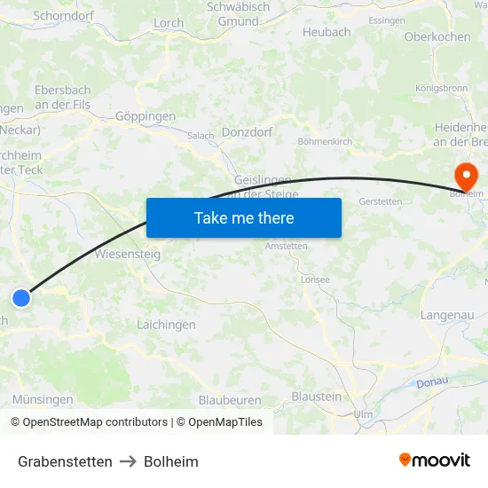 Grabenstetten to Bolheim map
