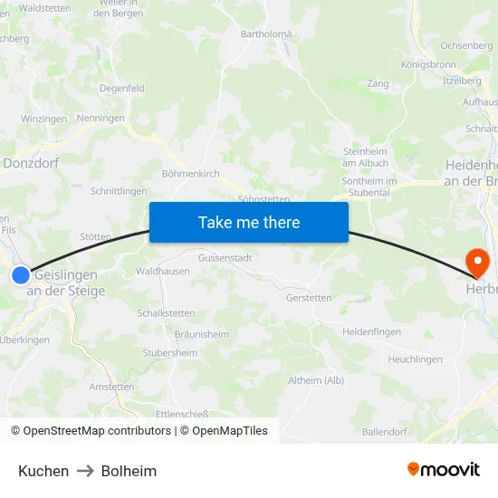 Kuchen to Bolheim map