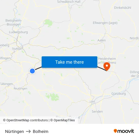 Nürtingen to Bolheim map