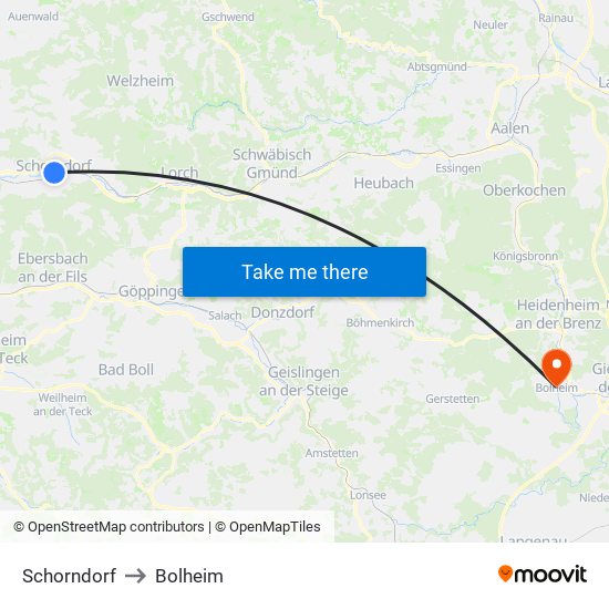 Schorndorf to Bolheim map