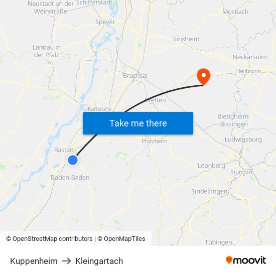 Kuppenheim to Kleingartach map