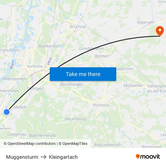 Muggensturm to Kleingartach map