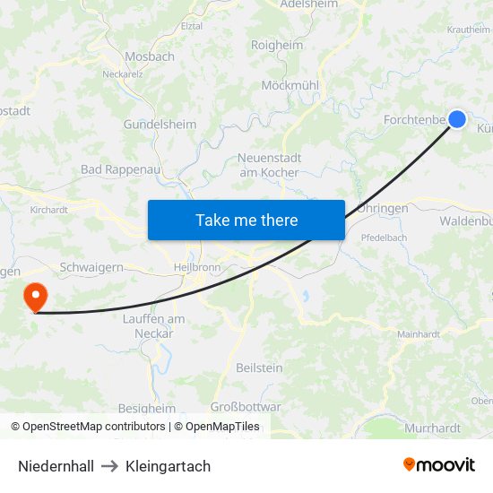 Niedernhall to Kleingartach map