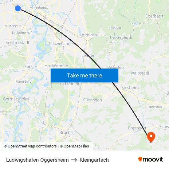 Ludwigshafen-Oggersheim to Kleingartach map