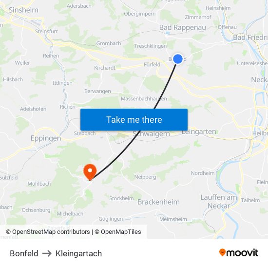 Bonfeld to Kleingartach map