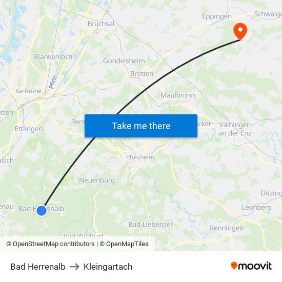 Bad Herrenalb to Kleingartach map