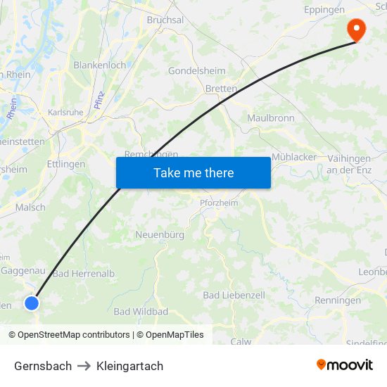 Gernsbach to Kleingartach map