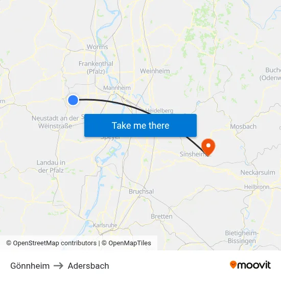 Gönnheim to Adersbach map