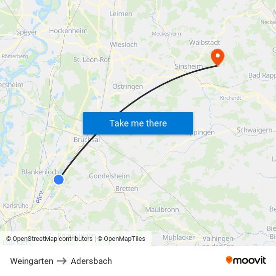 Weingarten to Adersbach map