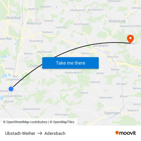 Ubstadt-Weiher to Adersbach map