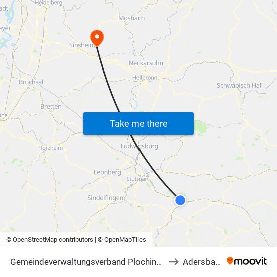 Gemeindeverwaltungsverband Plochingen to Adersbach map