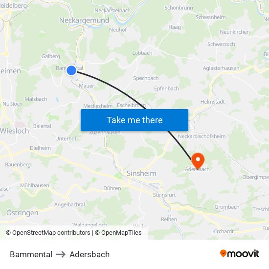 Bammental to Adersbach map