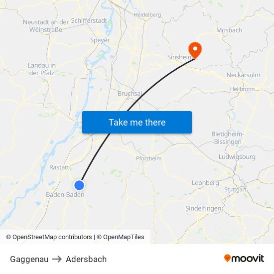 Gaggenau to Adersbach map