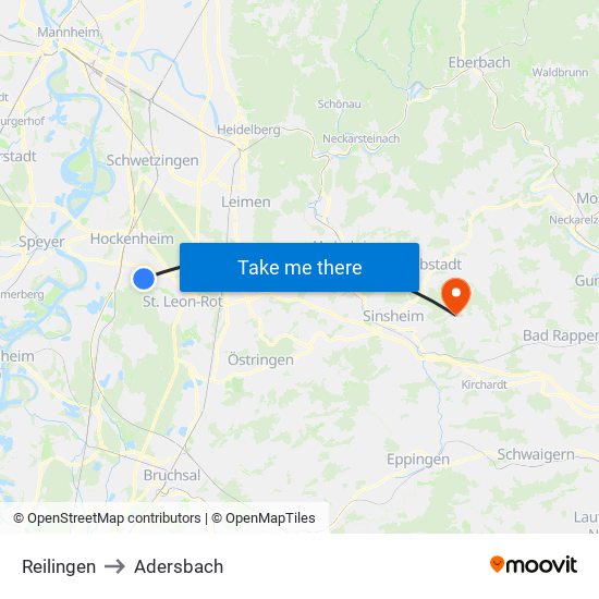 Reilingen to Adersbach map