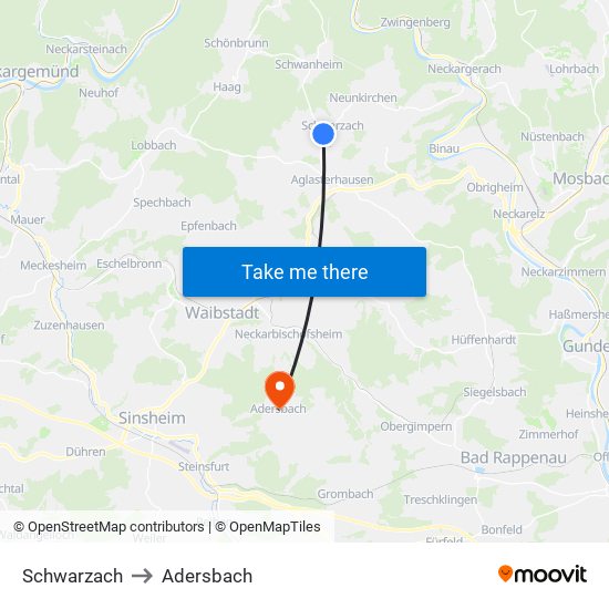 Schwarzach to Adersbach map