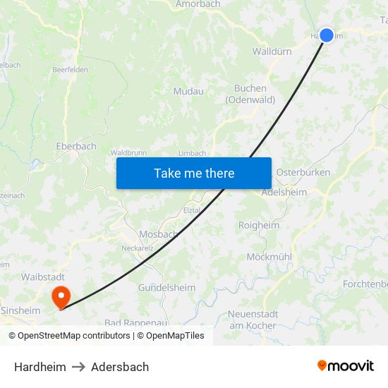 Hardheim to Adersbach map