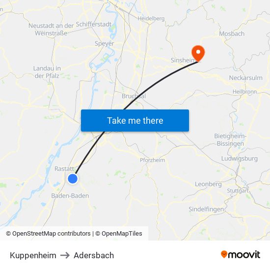 Kuppenheim to Adersbach map