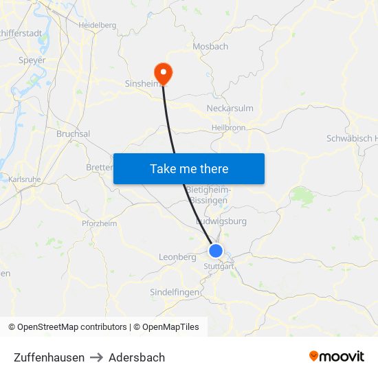 Zuffenhausen to Adersbach map