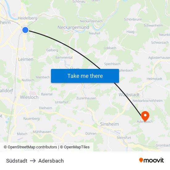 Südstadt to Adersbach map