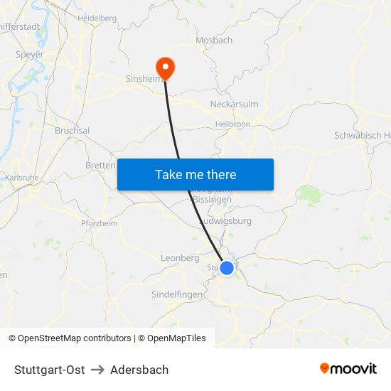 Stuttgart-Ost to Adersbach map