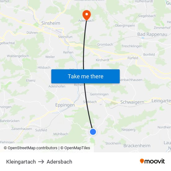 Kleingartach to Adersbach map