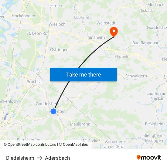 Diedelsheim to Adersbach map