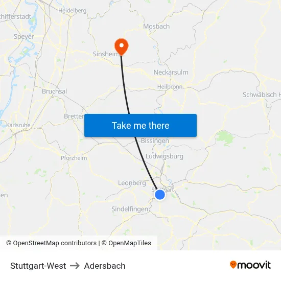 Stuttgart-West to Adersbach map