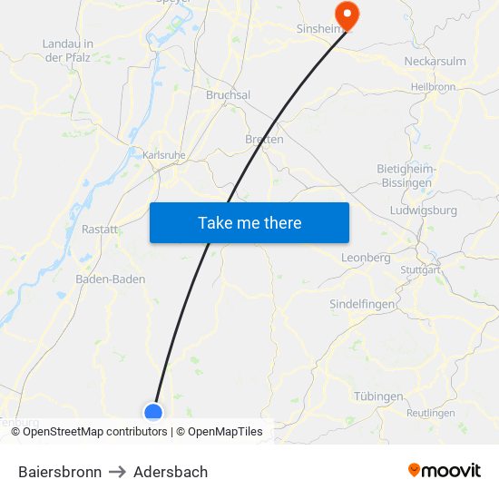 Baiersbronn to Adersbach map
