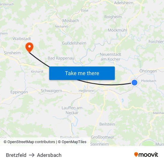 Bretzfeld to Adersbach map