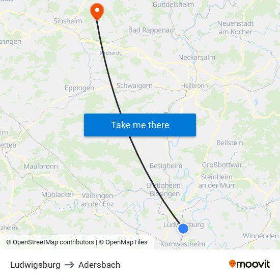Ludwigsburg to Adersbach map