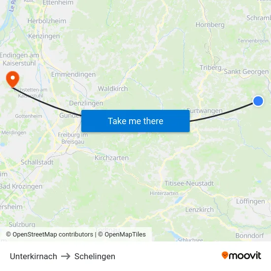 Unterkirnach to Schelingen map