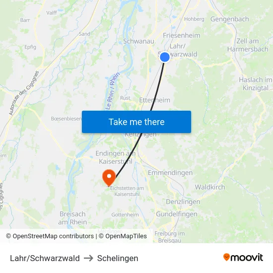 Lahr/Schwarzwald to Schelingen map