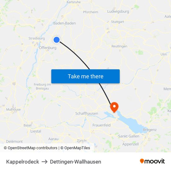 Kappelrodeck to Dettingen-Wallhausen map