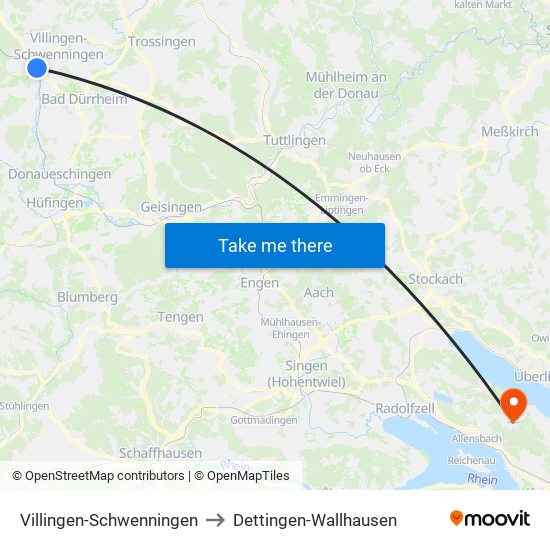 Villingen-Schwenningen to Dettingen-Wallhausen map