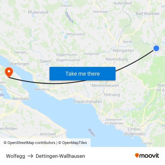 Wolfegg to Dettingen-Wallhausen map