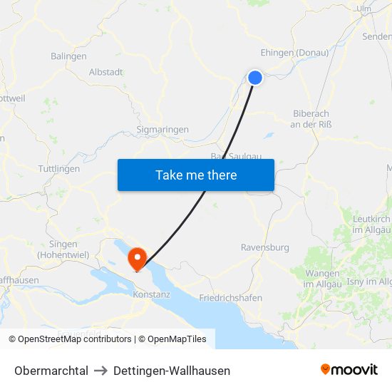 Obermarchtal to Dettingen-Wallhausen map