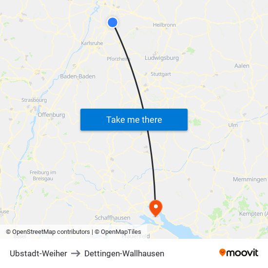 Ubstadt-Weiher to Dettingen-Wallhausen map